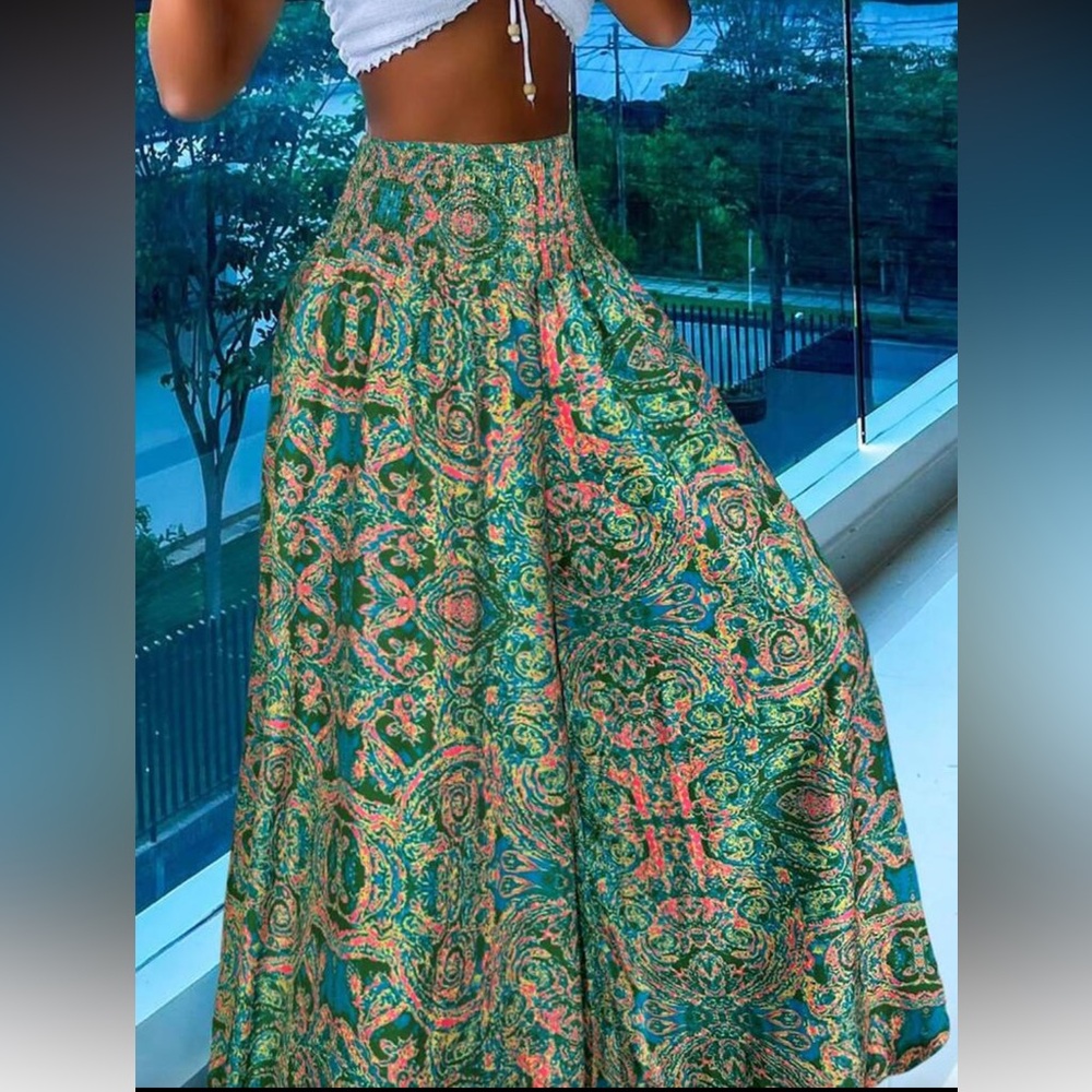 Boho Green Paisley Floral Print Wide Leg Palazzo Pants